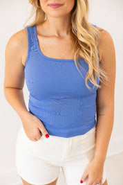 Bella Square Neck Rib Knit Tank Top, Blue