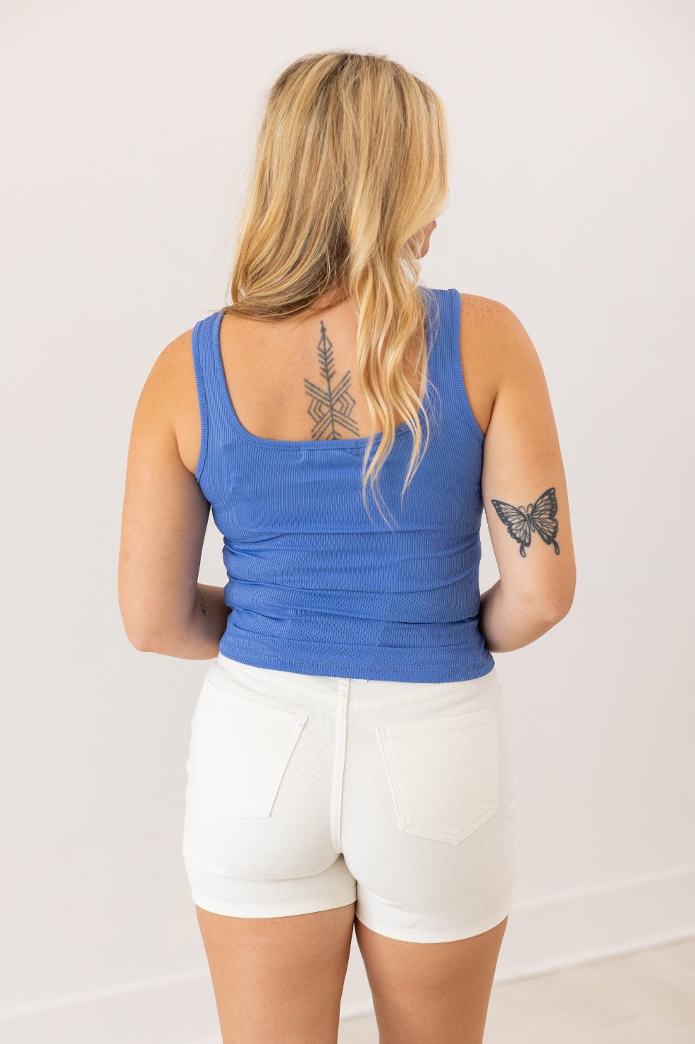 Bella Square Neck Rib Knit Tank Top, Blue