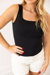 Bella Square Neck Rib Knit Tank Top Black