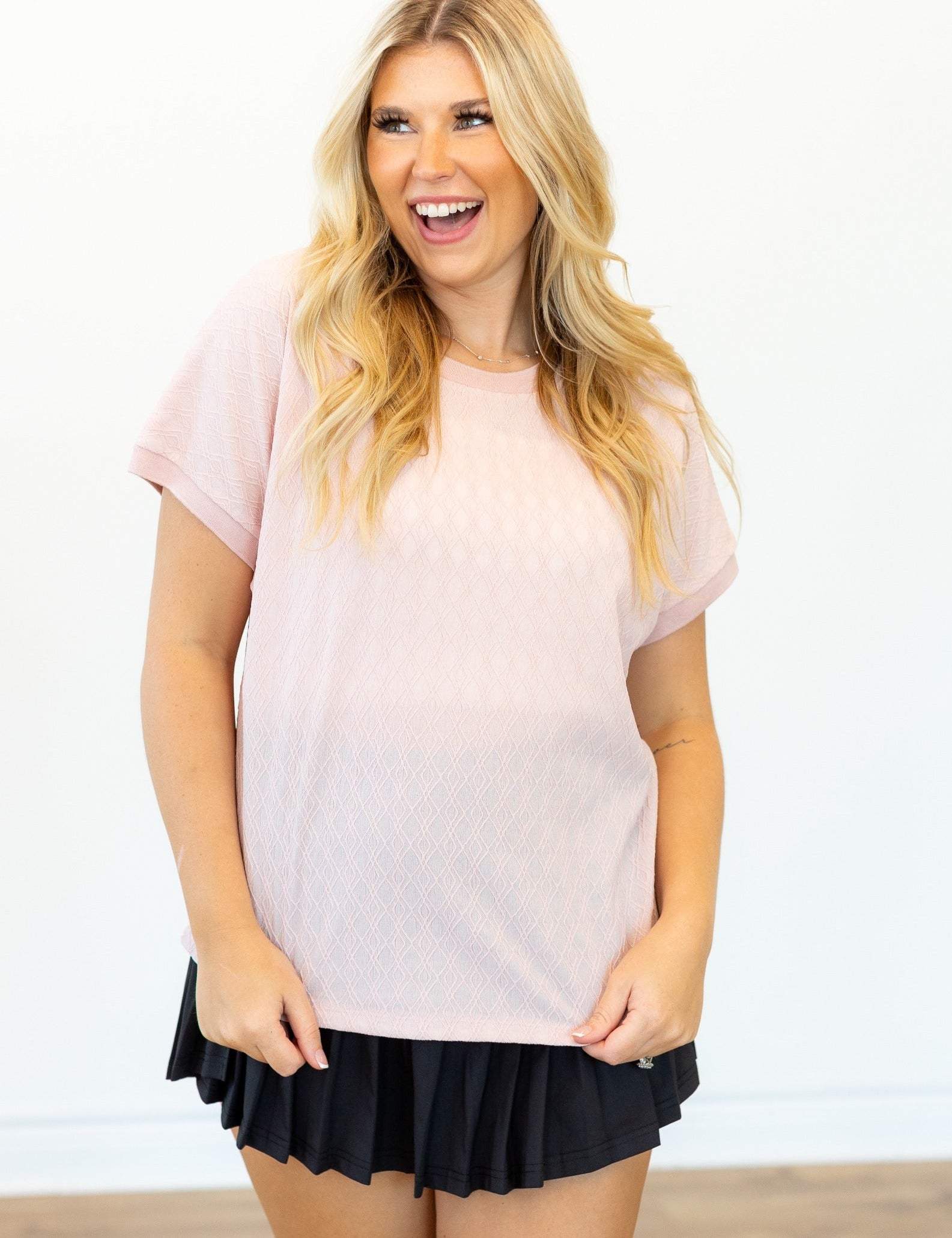 Textured Fabric Crew Neck Top, Light Pink
