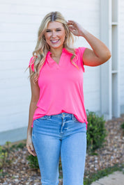 The Nicole V-Neck Top, Neon Pink