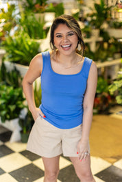 Bella Square Neck Rib Knit Tank Top, Blue