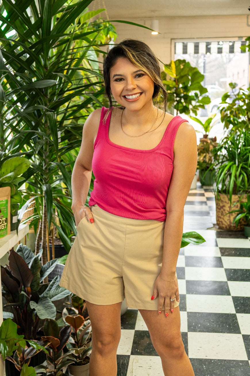 Bella Square Neck Rib Knit Tank Top, Pink