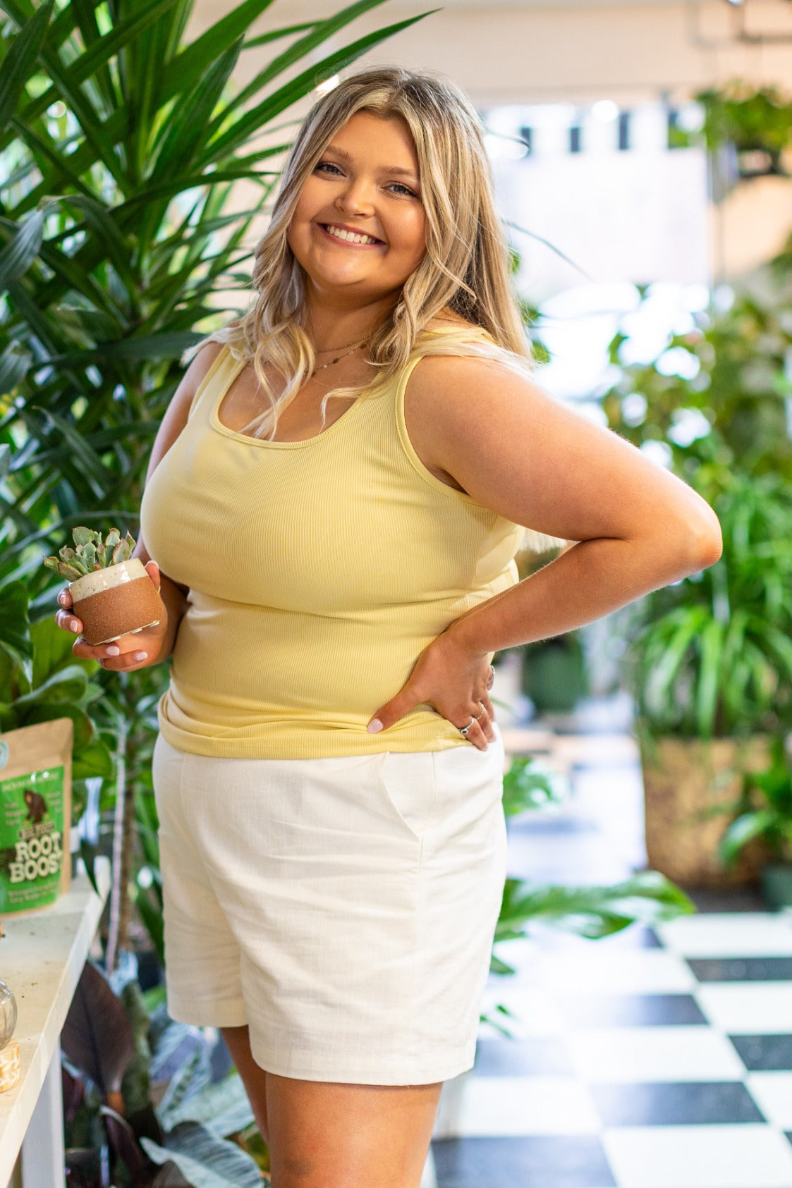 Bella Square Neck Rib Knit Tank Top, Yellow