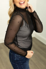 Mock Neck Mesh Top with Pearl Detail, Black