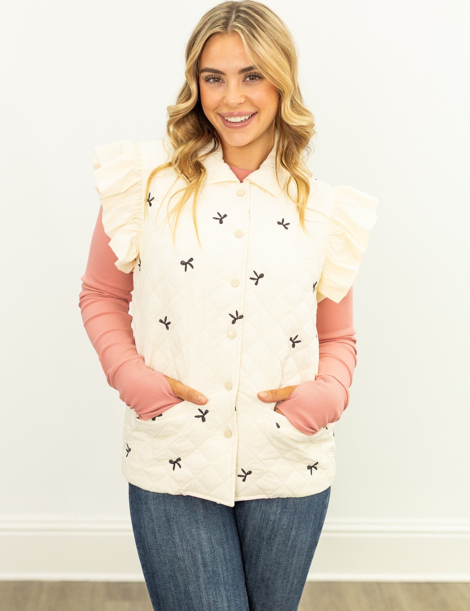 Quilted Puffer Vest with Bows, Ivory