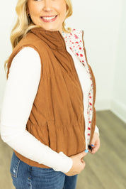 The Gillian Reversible Tan and Floral Puffer Vest