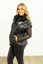 Sequin Puffer Vest, Black