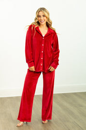Velvet Straight-Leg Pants, Red