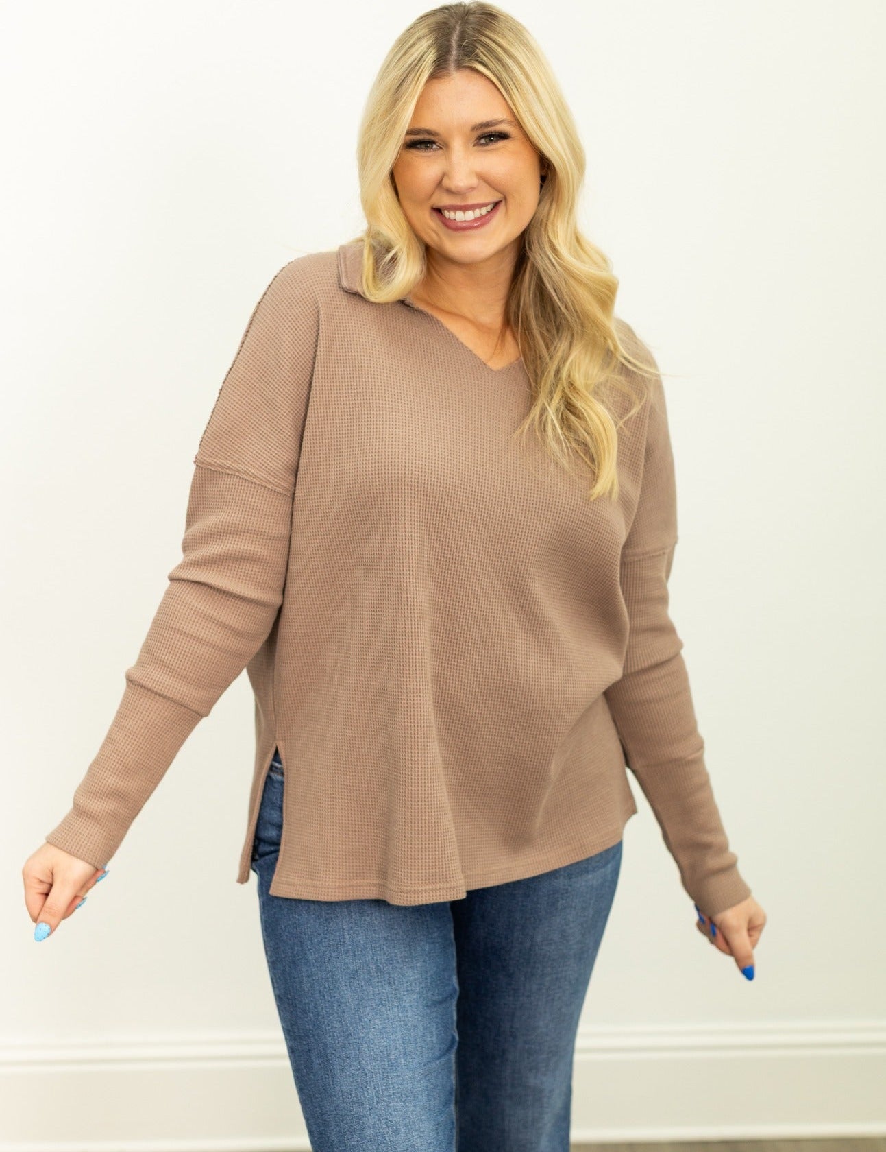 Waffle Knit Top, Brown