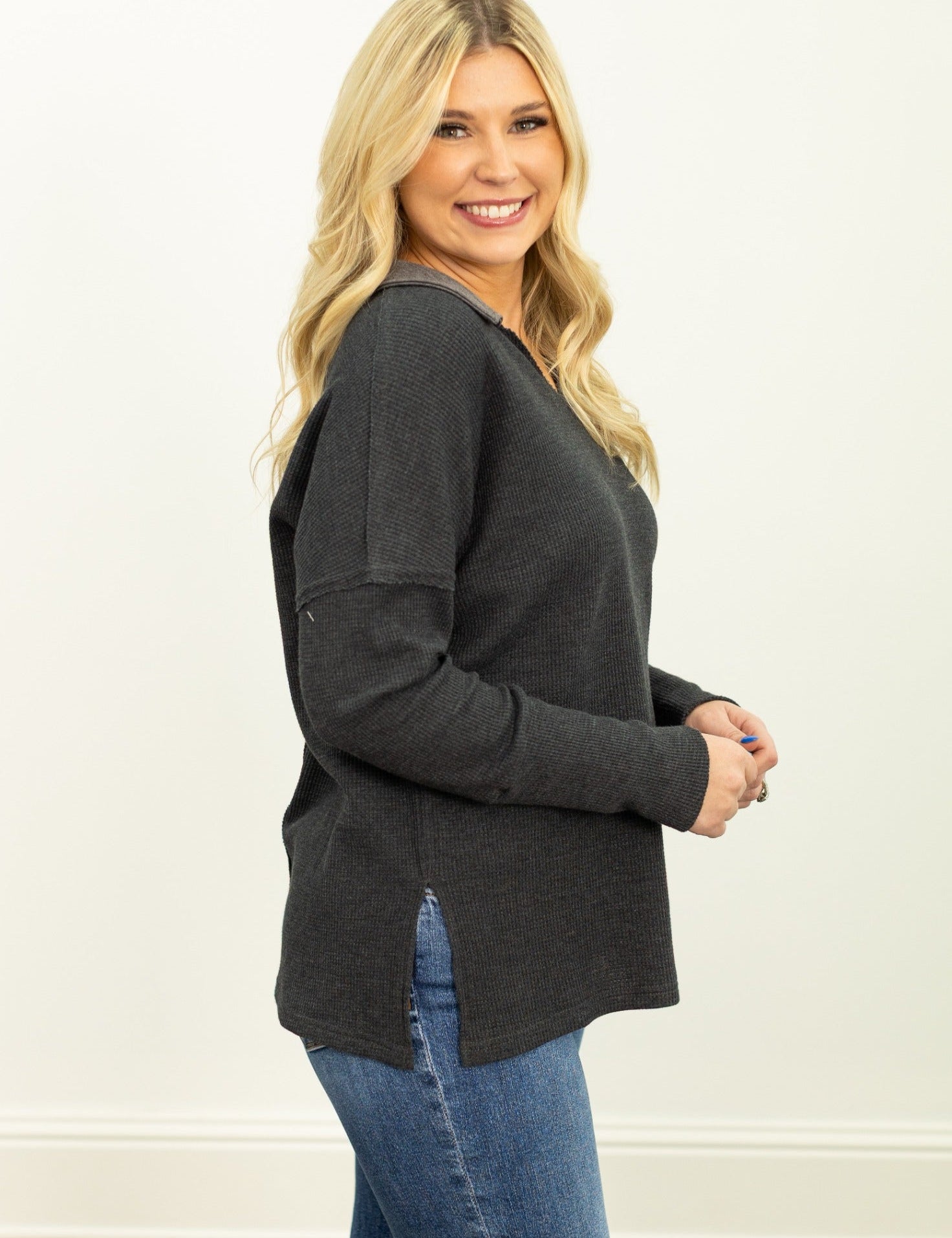 Waffle Knit Top, Black