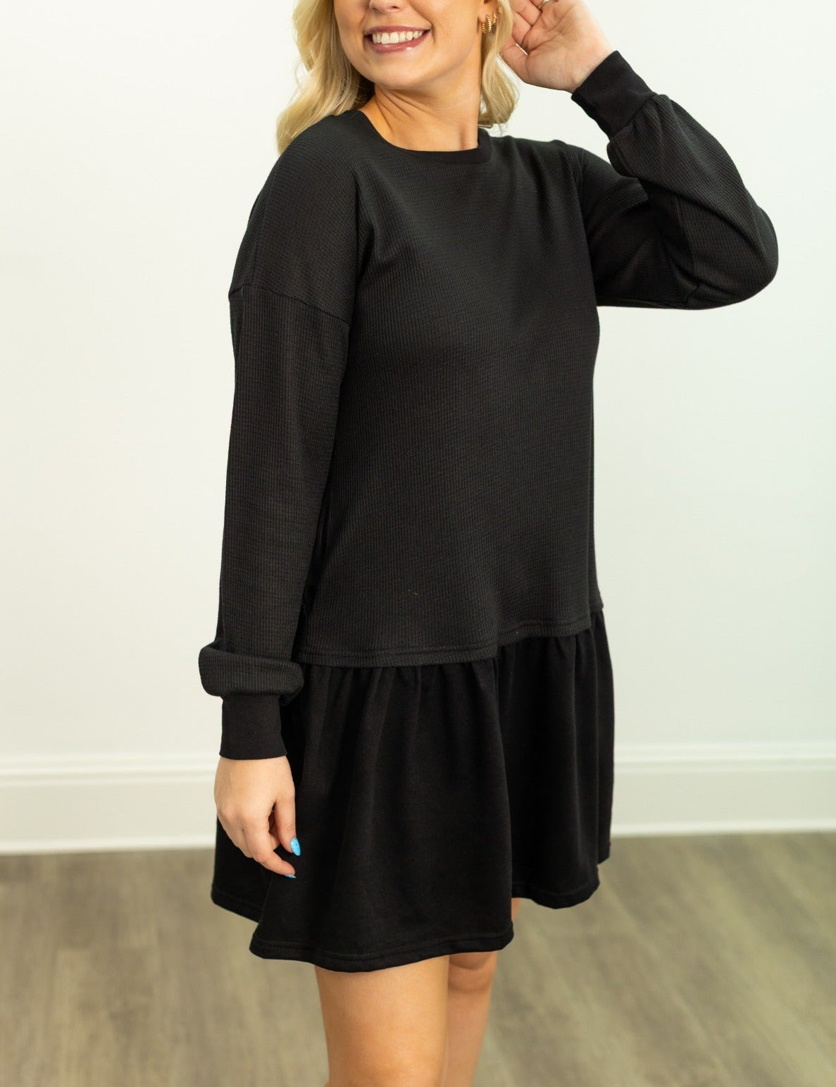 Waffle Knit Long-Sleeve Dress, Black