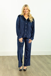Velvet Straight-Leg Pants, Navy