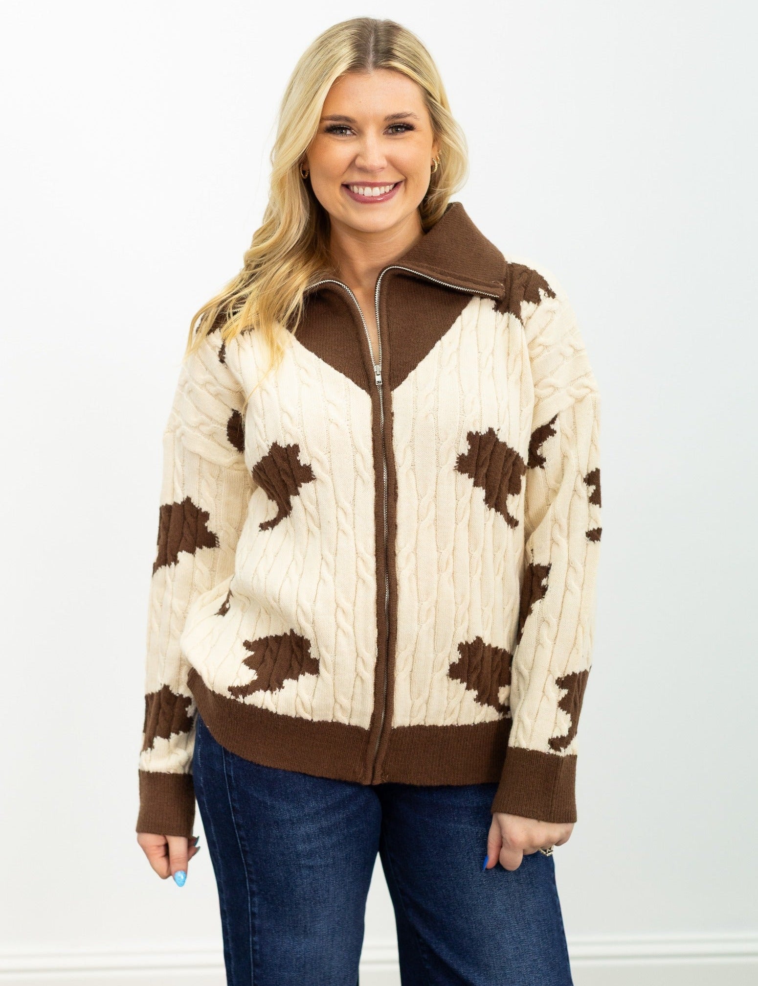 Zip Cow Print Sweater