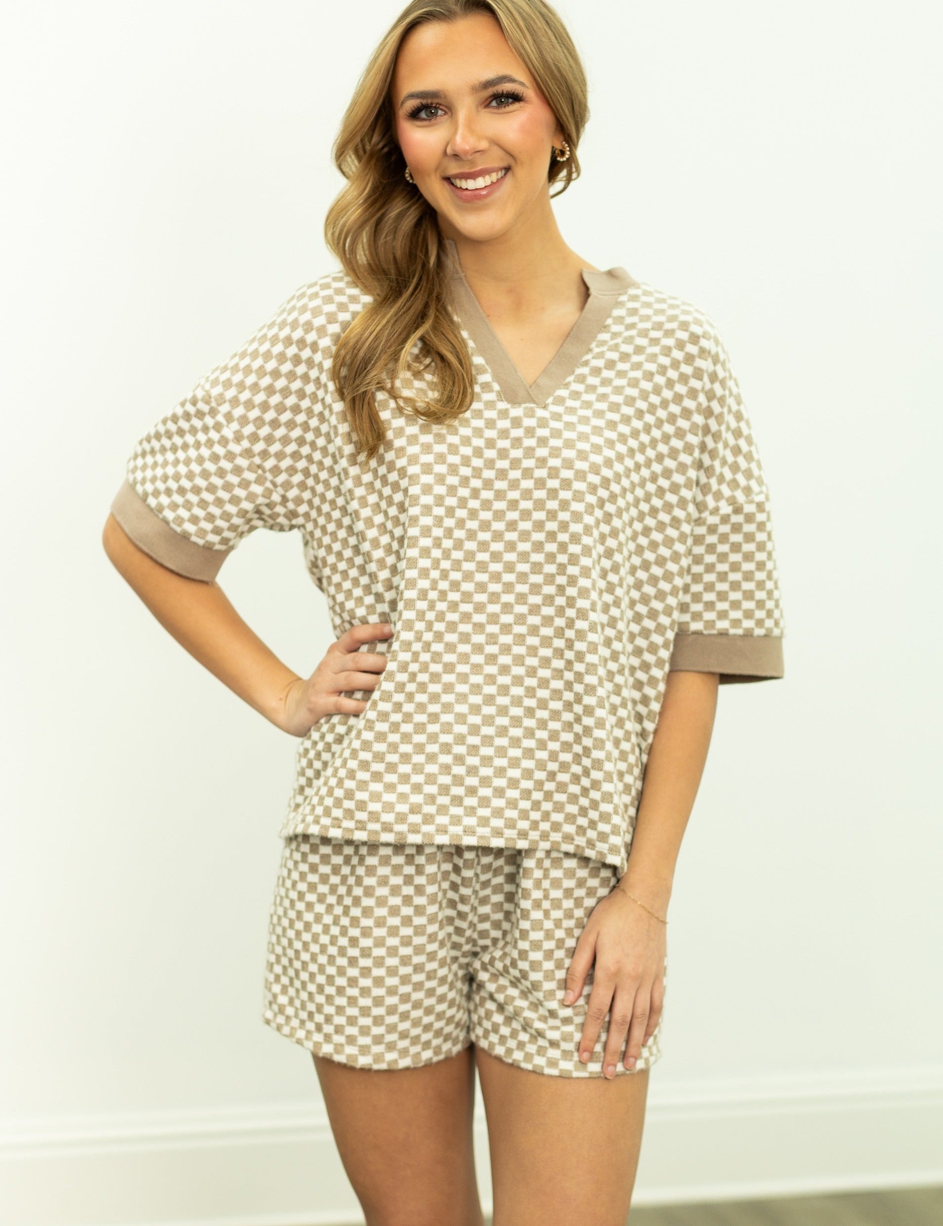 Checkerboard Knit Top, Beige