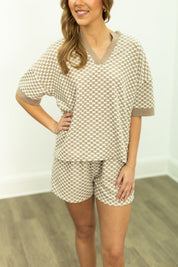 Checkerboard Knit Top, Beige