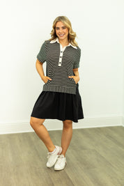 Striped Knit Top with Attached Skirt, Black