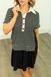 Striped Knit Top with Attached Skirt, Black