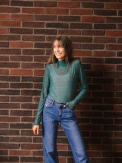 Mock Neck Mesh Top with Pearl Detail, Green