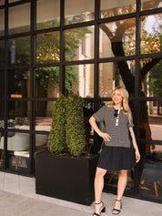 Striped Knit Top with Attached Skirt, Black