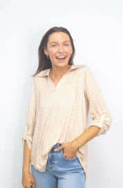 Gemma V-Neck Top, Tan Leopard