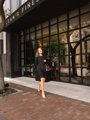 Waffle Knit Long-Sleeve Dress, Black