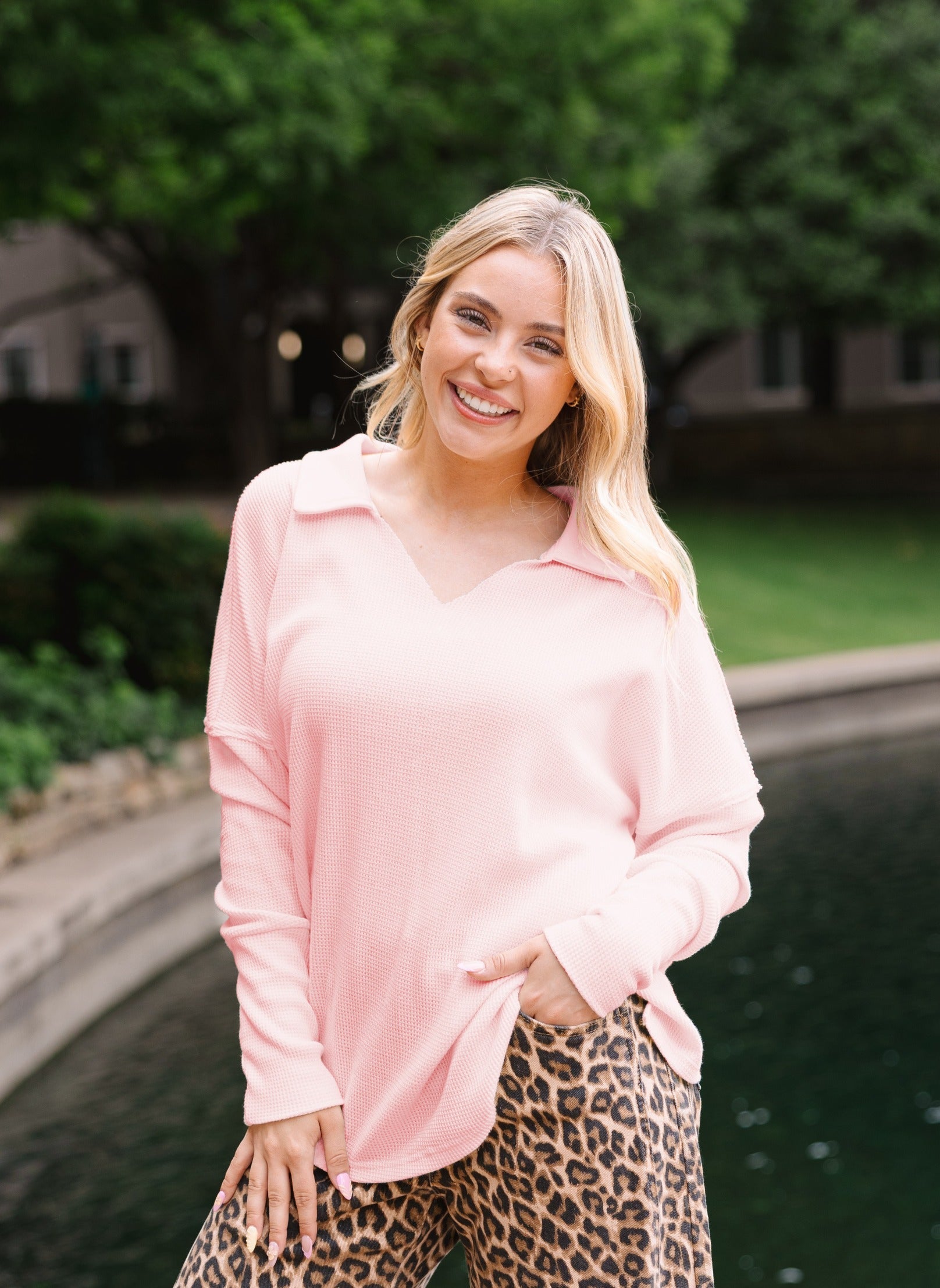Waffle Knit Top, Pink