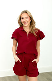 Maroon Quarter Zip with Flutter Sleeves