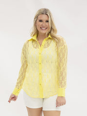 Yellow Chic Button Up Lace Long Sleeve Top