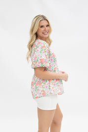 Puff Sleeve Blouse, Watercolor Flowers