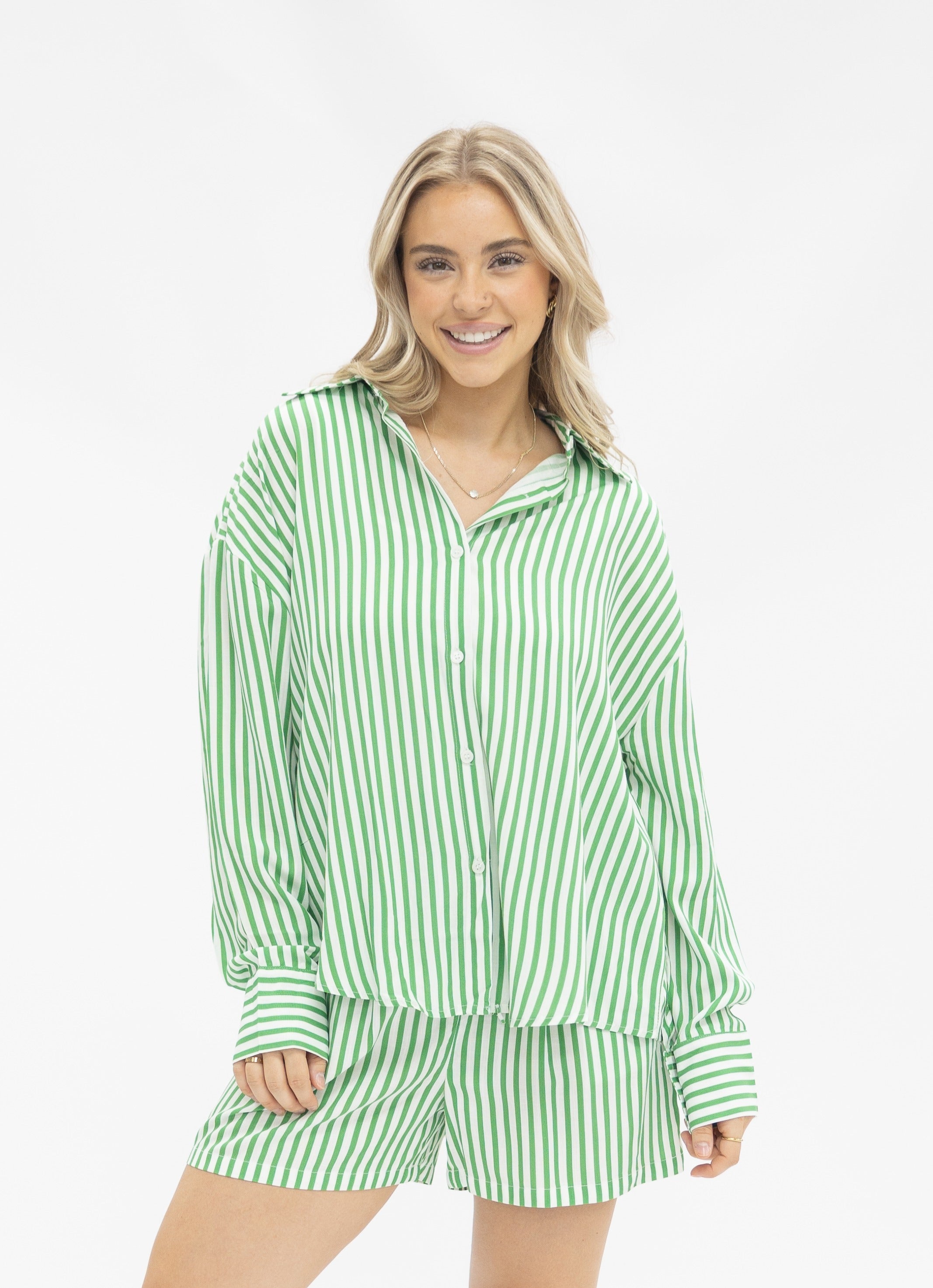 Kathryn Classic Button-Up, Green Stripe