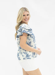 V-Neck Flutter Sleeve Top, Blue Floral