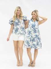 V-Neck Flutter Sleeve Top, Blue Floral