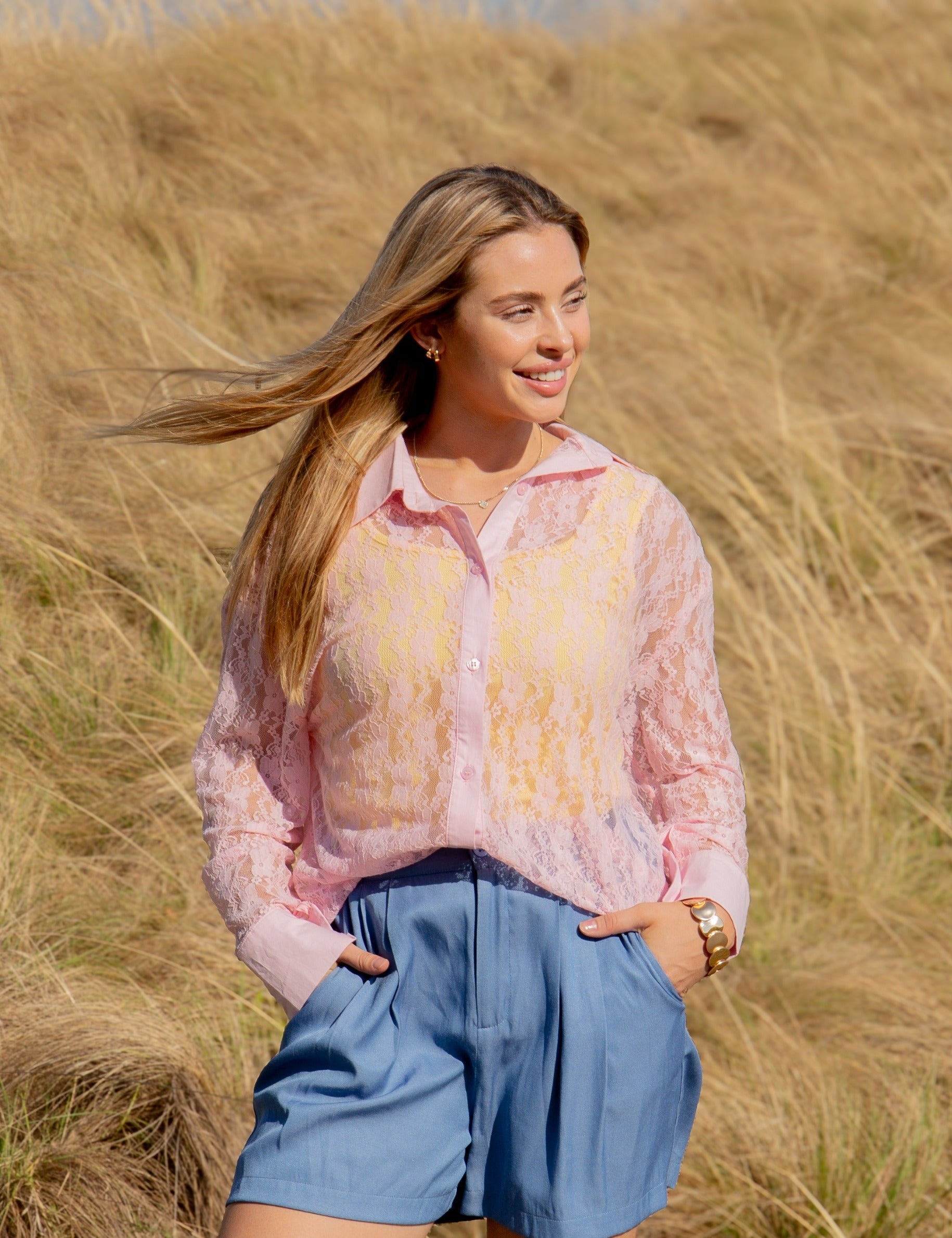 Kathryn Classic Button-Up, Light Pink Lace