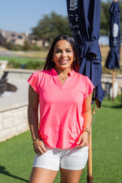 The Nicole V-Neck Top, Neon Pink