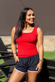 Bella Square Neck Rib Knit Tank Top, True Red