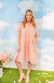 V-Neck Checkered Dress, Pink