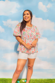 Puff Sleeve Blouse, Watercolor Flowers