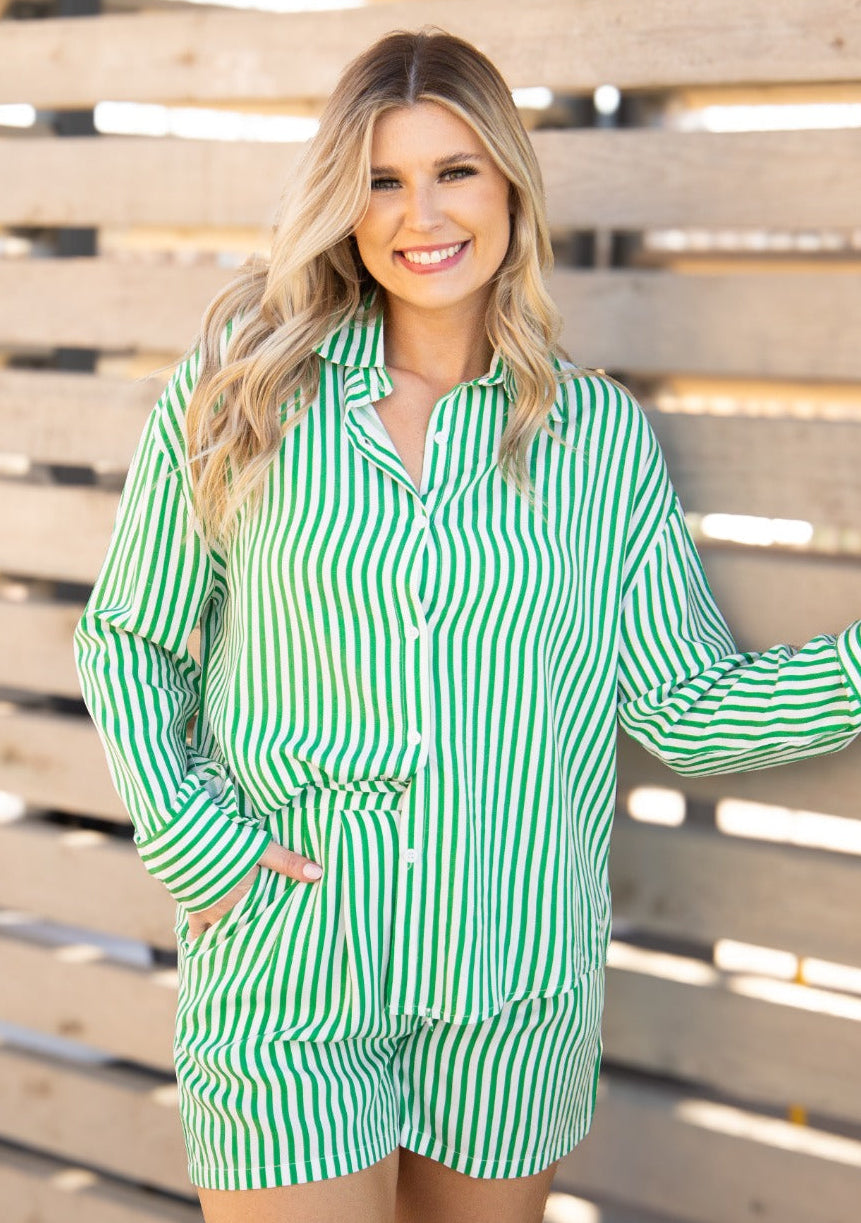 Kathryn Classic Button-Up, Green Stripe
