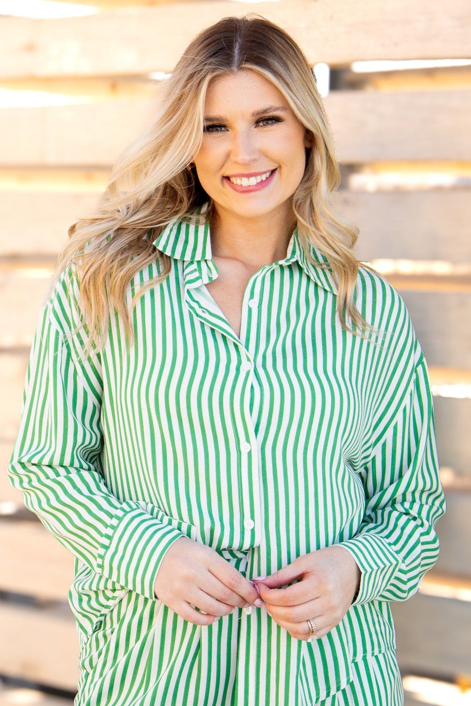 Kathryn Classic Button-Up, Green Stripe