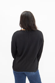 V-Neck Top with Lace Trim, Black