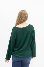 V-Neck Top with Lace Trim, Forest Green