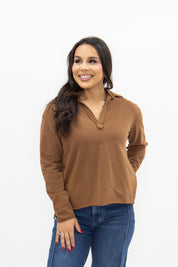 V-Neck Collared Pullover, Brown
