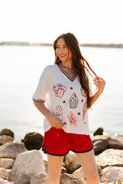 Sequin Americana Elements on V-Neck Top