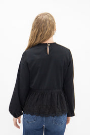 High Neck Blouse with Lace Peplum, Black