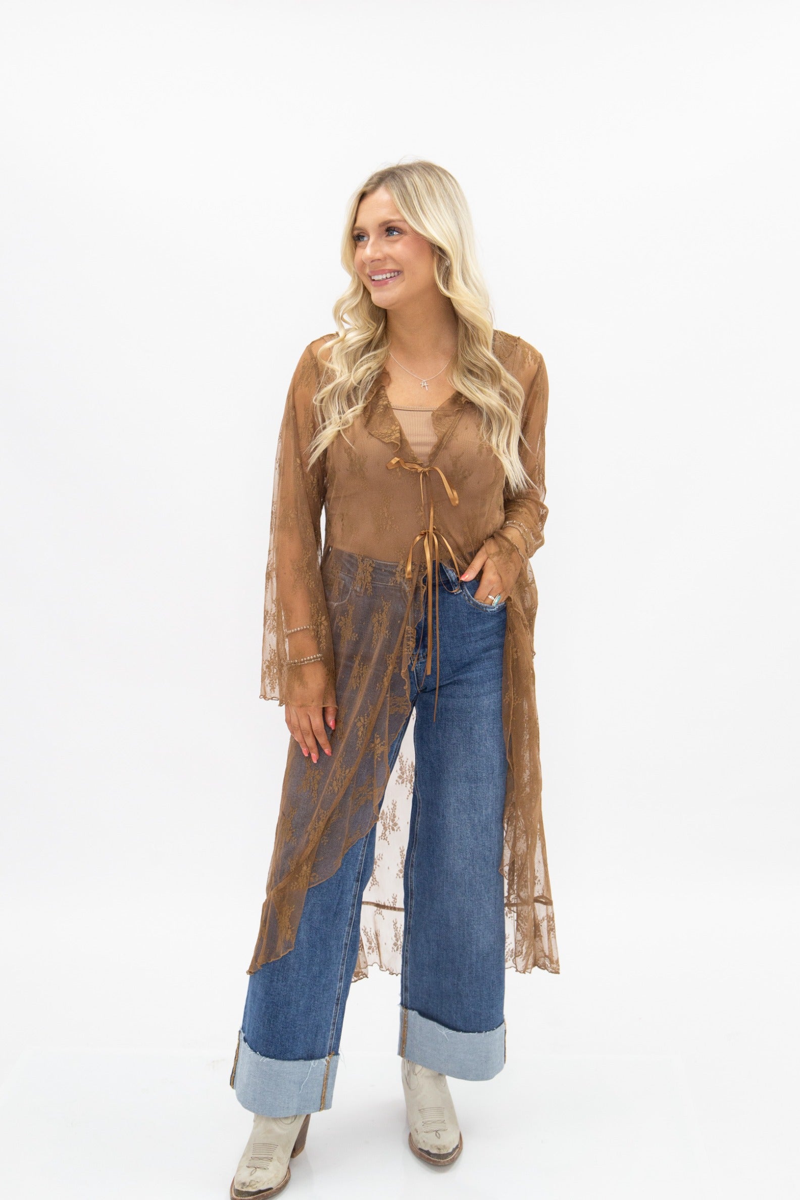 Lace Long Kimono, Brown