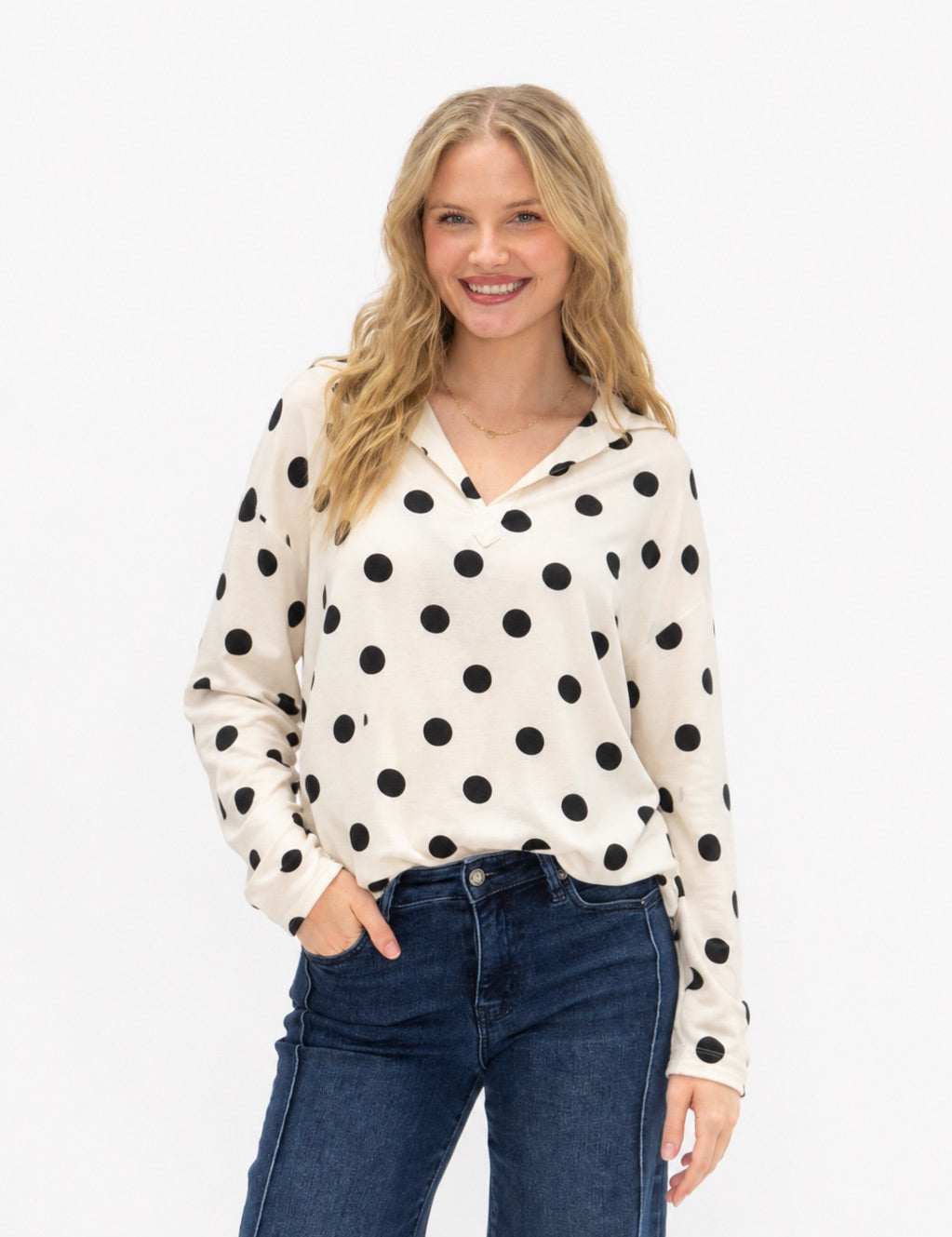 V-Neck Collared Pullover, Polka Dot