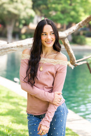 Longsleeve Off-the-Shoulder Top with Lace Trim, Mauve