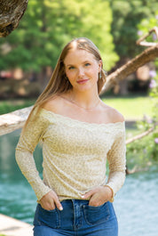 Longsleeve Off-the-Shoulder Top with Lace Trim, Leopard