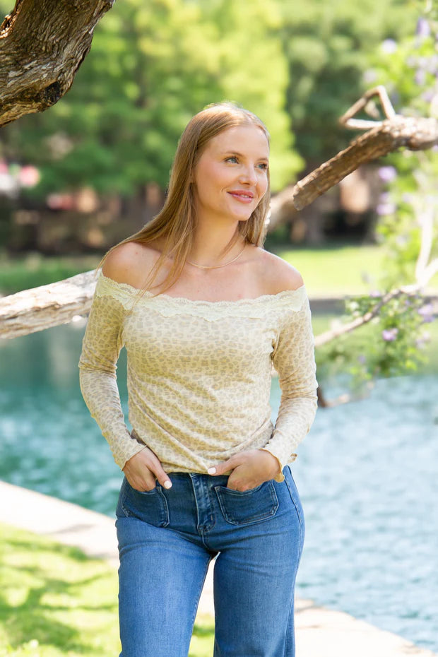 Leopard Off Shoulder Lace Trim Long Sleeve Top